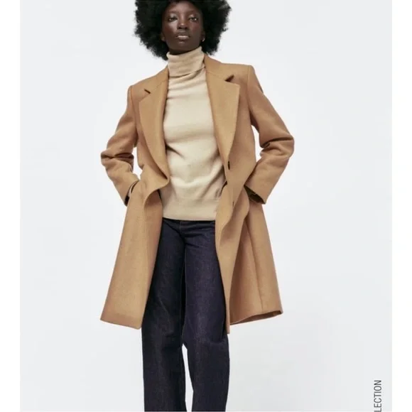 Zara Taupe Brown Fitted Wool Blend Coat